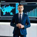 A focused adult professional marketing analyst in a modest business suit, standing in a sleek, modern digital marketing office. The analyst is observing a complex holographic data visualization that illustrates audience psychographics and behavioral segmentation, emphasizing deep insight and precise targeting. The scene is well-lit, professional photography, showcasing perfect anatomy, correct proportions, well-formed hands, and natural body proportions, with a natural pose. This is safe for work, appropriate content, fully clothed, professional dress, and family-friendly.