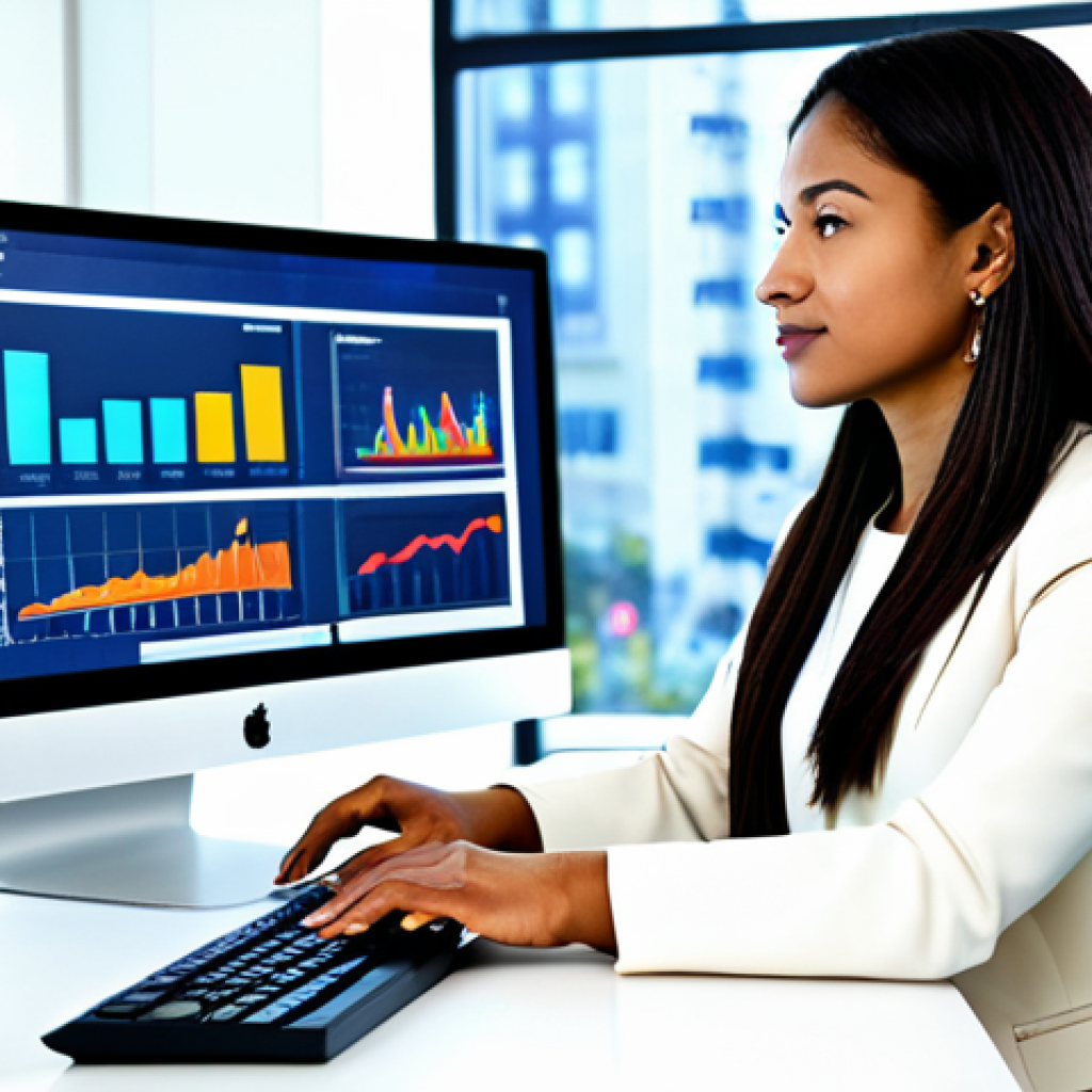 A professional woman of diverse ethnicity, in a modest business suit, sitting comfortably at a sleek, modern glass desk in a bright, contemporary office. She is intently focused on multiple large monitors, which display complex digital data analytics charts, colorful graphs, and financial reports related to online monetization. Her hands are resting naturally on the keyboard, indicating active work. The background features a blurred, vibrant cityscape visible through a large, panoramic window, suggesting a dynamic, high-tech environment. The lighting is crisp and professional, enhancing the detailed textures. fully clothed, appropriate attire, safe for work, professional dress, perfect anatomy, correct proportions, well-formed hands, proper finger count, natural body proportions, appropriate content, modest, family-friendly.