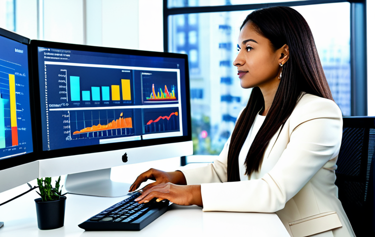 A professional woman of diverse ethnicity, in a modest business suit, sitting comfortably at a sleek, modern glass desk in a bright, contemporary office. She is intently focused on multiple large monitors, which display complex digital data analytics charts, colorful graphs, and financial reports related to online monetization. Her hands are resting naturally on the keyboard, indicating active work. The background features a blurred, vibrant cityscape visible through a large, panoramic window, suggesting a dynamic, high-tech environment. The lighting is crisp and professional, enhancing the detailed textures. fully clothed, appropriate attire, safe for work, professional dress, perfect anatomy, correct proportions, well-formed hands, proper finger count, natural body proportions, appropriate content, modest, family-friendly.