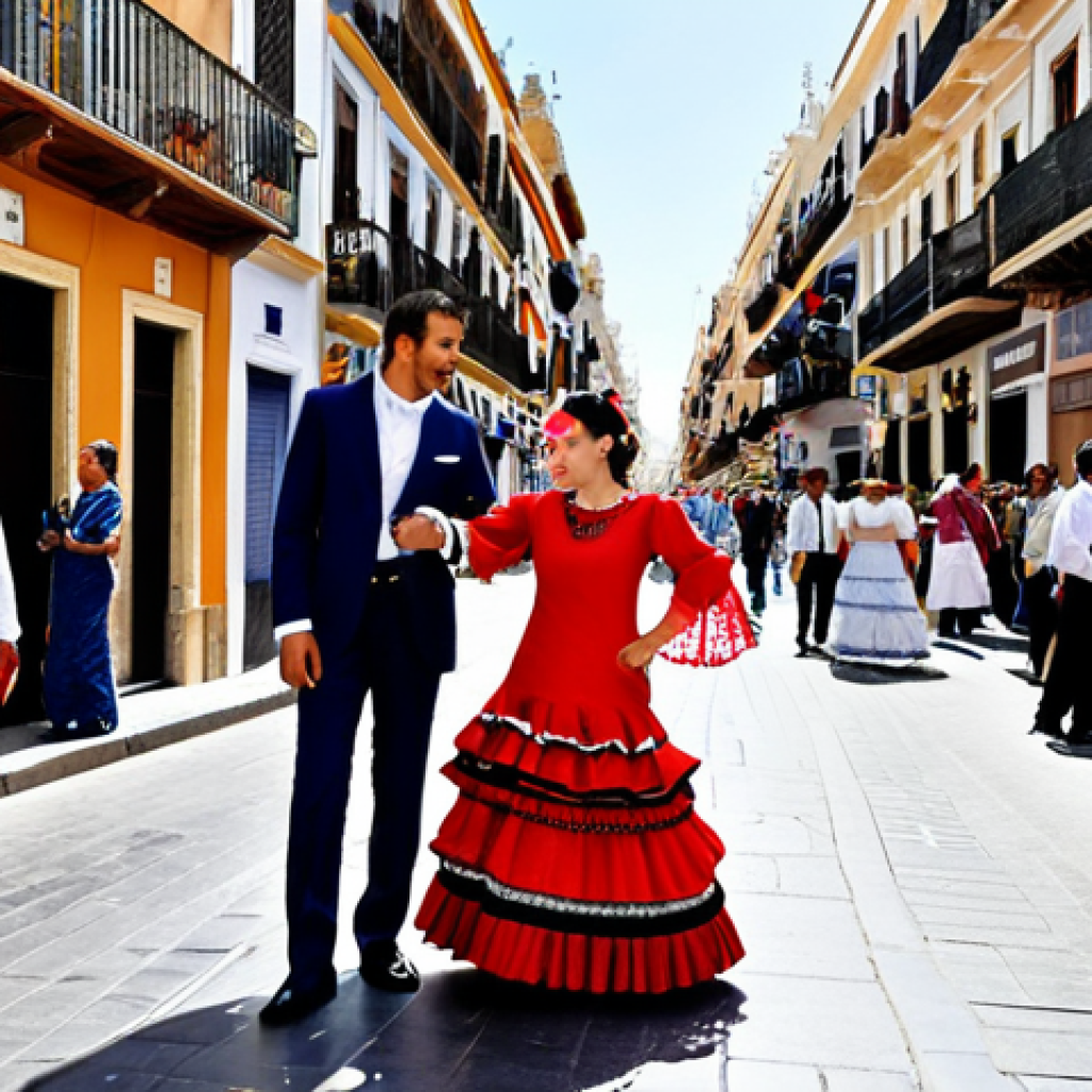 A Vibrant Street Scene in Seville**
"A bustling street in Seville, Spain, during the Feria de Abril. Women are wearing colorful, traditional flamenco dresses (trajes de flamenca), fully clothed and appropriate attire. Men are dressed in elegant traje corto suits. The scene is filled with music, laughter, and the aroma of tapas. Include flowers, ornate decorations, and a bright, sunny atmosphere. safe for work, professional, family-friendly, perfect anatomy, correct proportions, natural pose, well-formed hands, proper finger count, natural body proportions, high quality, professional photography."
**
