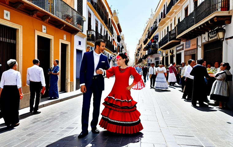 A Vibrant Street Scene in Seville**
"A bustling street in Seville, Spain, during the Feria de Abril. Women are wearing colorful, traditional flamenco dresses (trajes de flamenca), fully clothed and appropriate attire. Men are dressed in elegant traje corto suits. The scene is filled with music, laughter, and the aroma of tapas. Include flowers, ornate decorations, and a bright, sunny atmosphere. safe for work, professional, family-friendly, perfect anatomy, correct proportions, natural pose, well-formed hands, proper finger count, natural body proportions, high quality, professional photography."
**