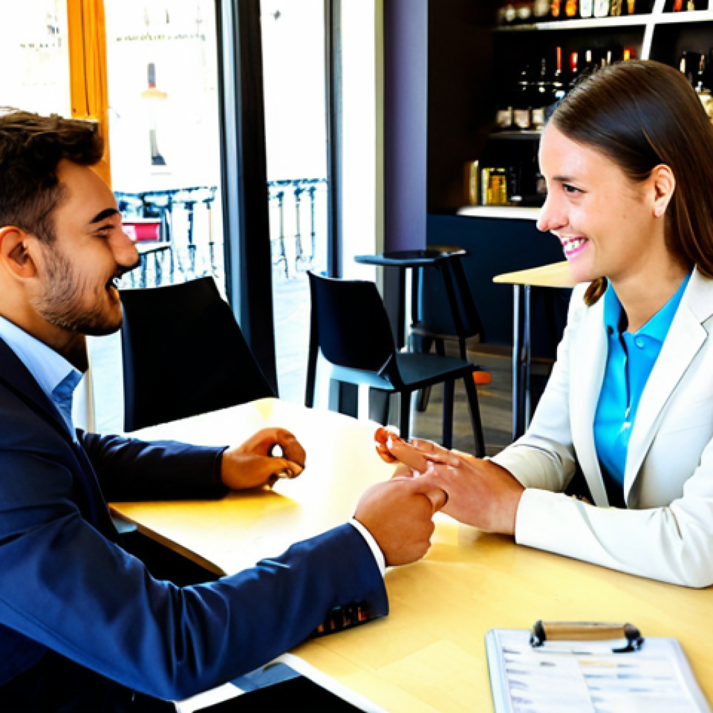 Market Research Interview**

"A marketing researcher, fully clothed in business casual attire, conducting a friendly interview with a young adult in a bright, modern cafe in Madrid. Appropriate content, safe for work, perfect anatomy, natural pose, professional environment, well-formed hands, proper finger count, high quality."

**