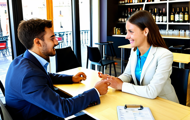 Market Research Interview**
"A marketing researcher, fully clothed in business casual attire, conducting a friendly interview with a young adult in a bright, modern cafe in Madrid. Appropriate content, safe for work, perfect anatomy, natural pose, professional environment, well-formed hands, proper finger count, high quality."
**