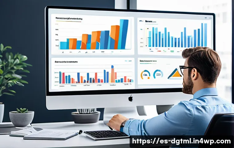 디지털 광고 캠페인의 성과 분석 기법 - A professional digital marketing analyst in a modern office setting, analyzing multiple data dashboa...