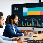 Home 21 디지털 광고 타겟팅에서의 KPI 설정 - A modern digital marketing workspace showing a diverse team of young Hispanic professionals analyzin...