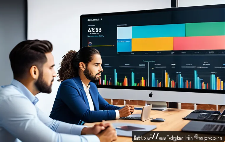 디지털 광고 타겟팅에서의 KPI 설정 - A modern digital marketing workspace showing a diverse team of young Hispanic professionals analyzin...