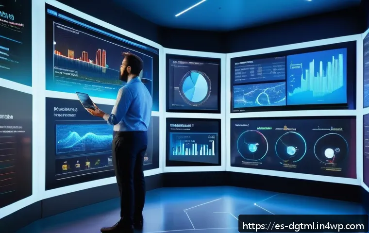 디지털 광고 타겟팅의 미래 변화 예측 - A futuristic digital marketing control room with large transparent screens displaying real-time data...
