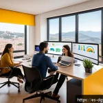 Home 19 상황에 따른 광고 타겟팅 전략의 조정 - A modern digital marketing office scene set in Spain, featuring a diverse team analyzing real-time c...
