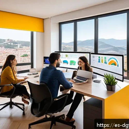 Home 31 상황에 따른 광고 타겟팅 전략의 조정 - A modern digital marketing office scene set in Spain, featuring a diverse team analyzing real-time c...