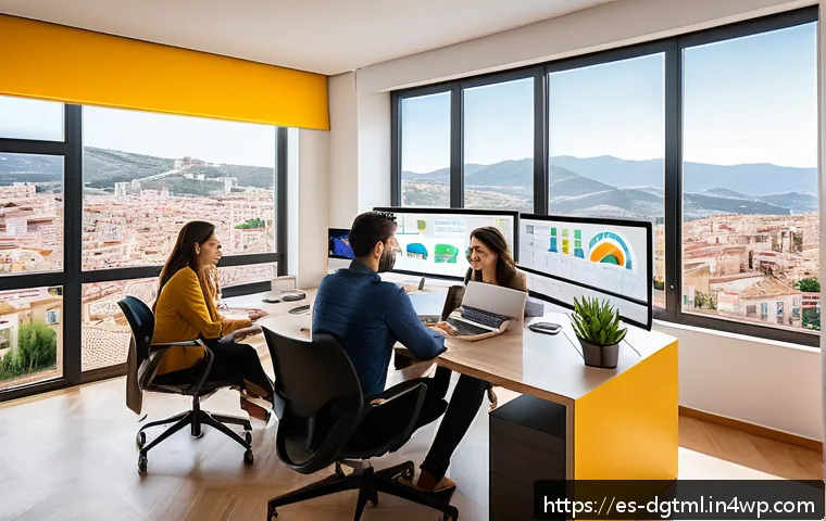 상황에 따른 광고 타겟팅 전략의 조정 - A modern digital marketing office scene set in Spain, featuring a diverse team analyzing real-time c...