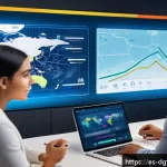 Home 23 디지털 광고 타겟팅을 위한 최신 도구와 기술 - A modern digital marketing control room featuring a diverse team of Hispanic professionals analyzing...
