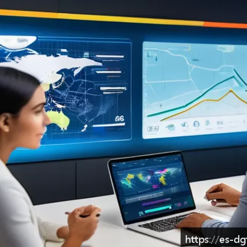 Home 17 디지털 광고 타겟팅을 위한 최신 도구와 기술 - A modern digital marketing control room featuring a diverse team of Hispanic professionals analyzing...