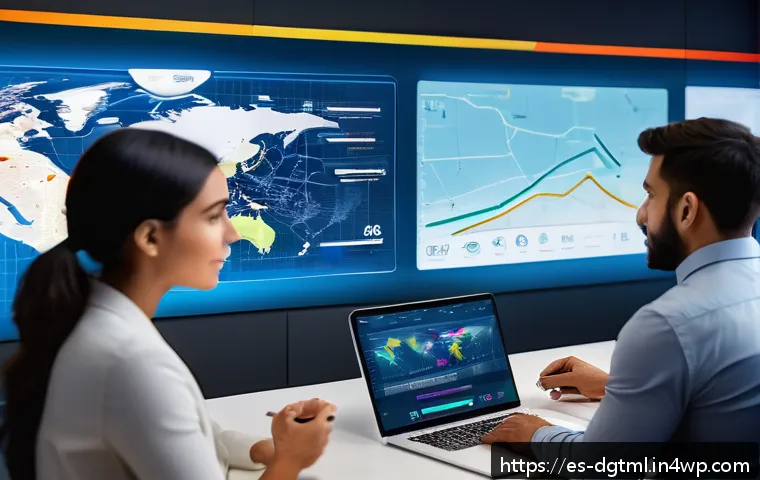 디지털 광고 타겟팅을 위한 최신 도구와 기술 - A modern digital marketing control room featuring a diverse team of Hispanic professionals analyzing...
